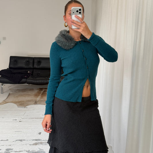 Italian Vintage Angora Wool Rib Knit Cardigan With Faux Fur Collar