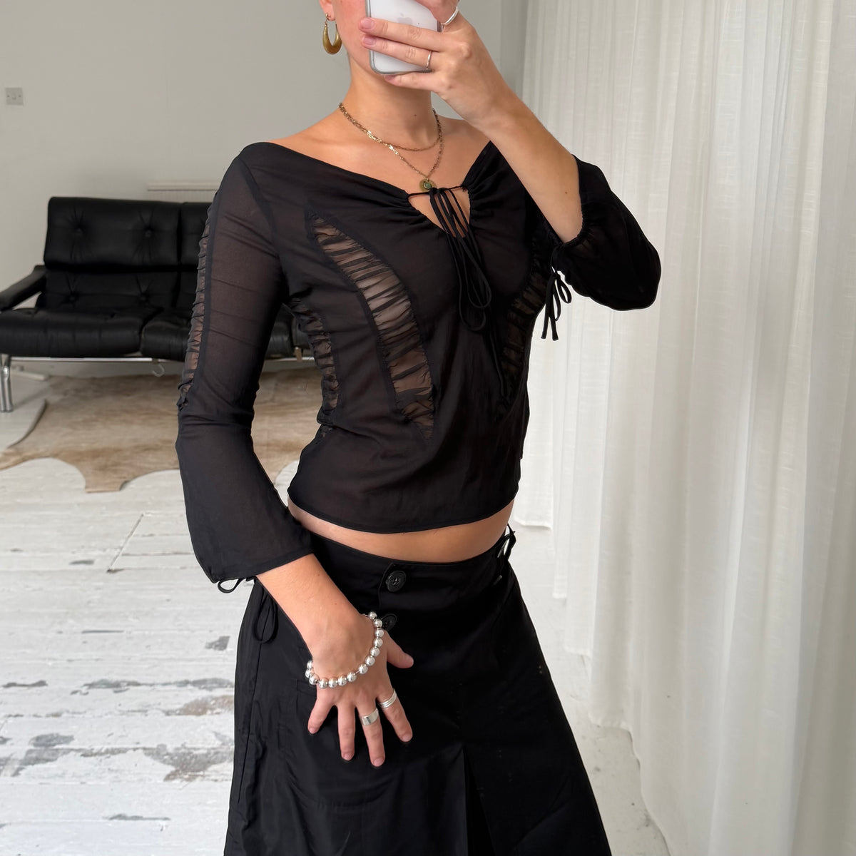 Black Ruched Sheer Mesh Top