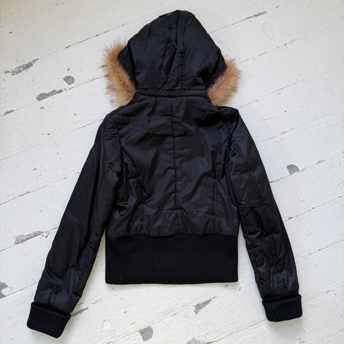 00s Black Nylon Utility Bomber Jacket with Fur Hood