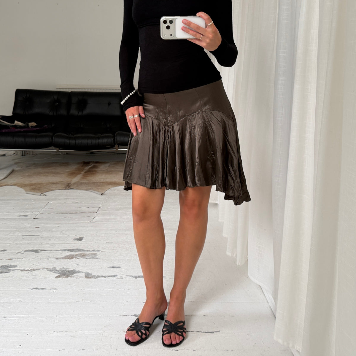Pleated Asymmetrical Satin Skirt