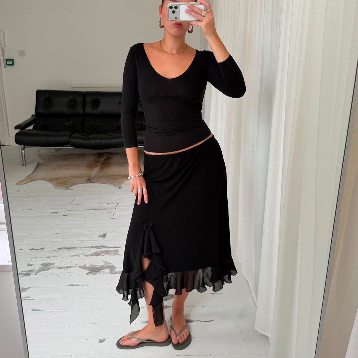 Black Ruffle Asymmetric Maxi Skirt