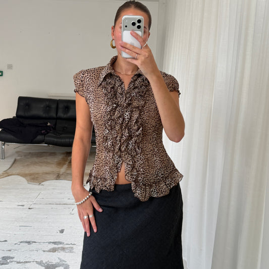 Silk Blend Leopard Ruffle Blouse