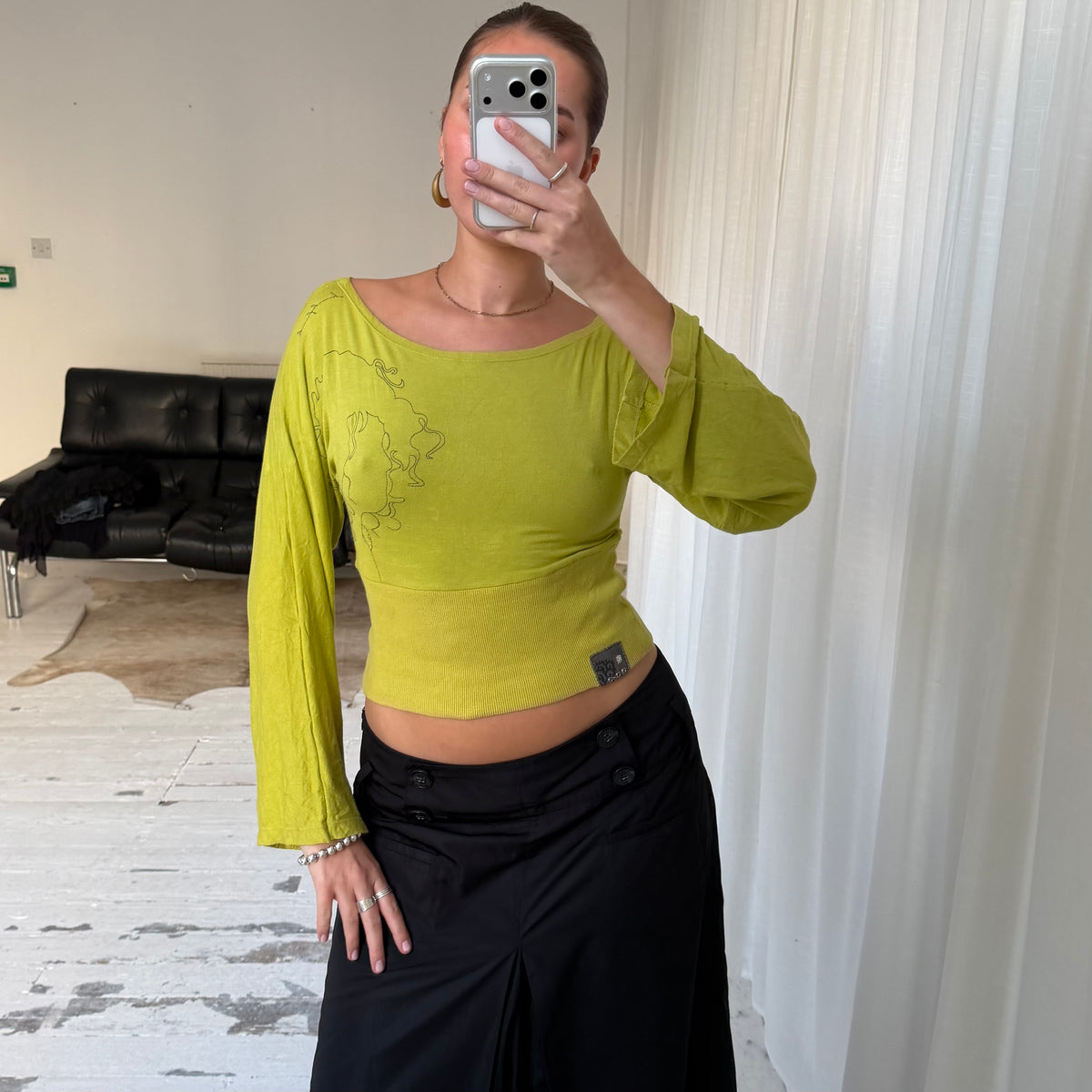 Chartreuse Graphic Print Wide Sleeve Top