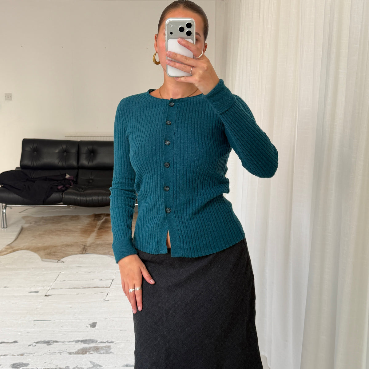 Italian Vintage Angora Wool Rib Knit Cardigan With Faux Fur Collar
