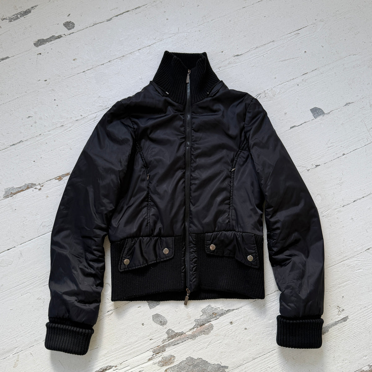 00s Black Nylon Utility Bomber Jacket with Fur Hood