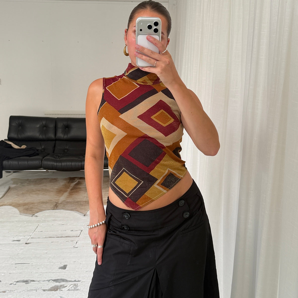Italian Vintage Geometric Mesh High Neck Top