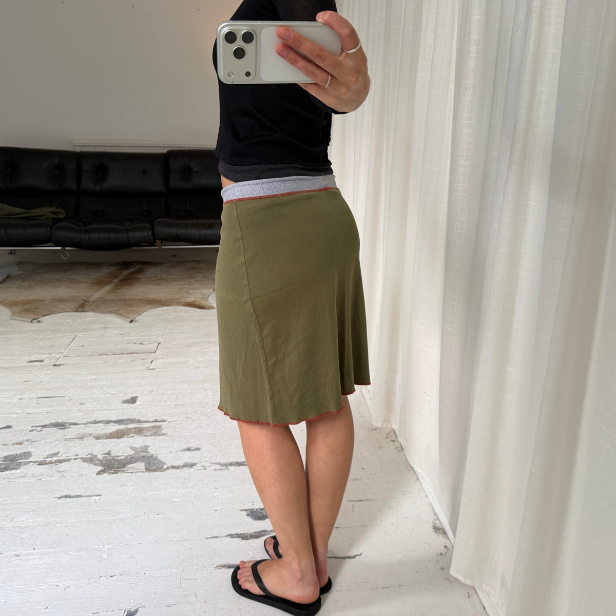 2000s Khaki Green Graphic Jersey Midi Skirt