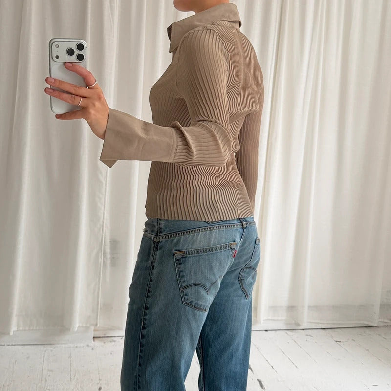 Italian Vintage Khaki Beige Pleated Shirt