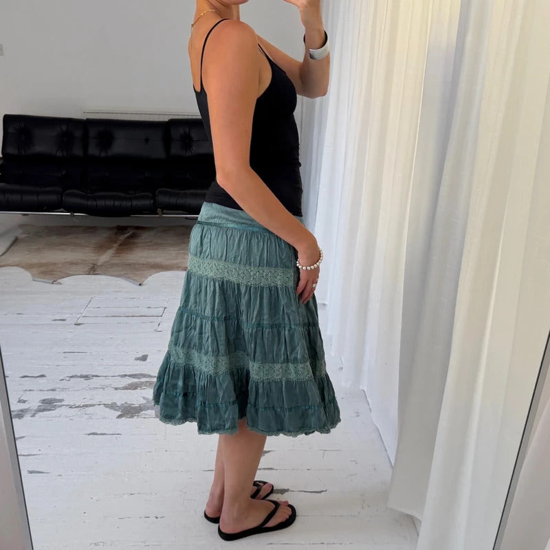 Blue Silk Lace Tiered Midi Skirt