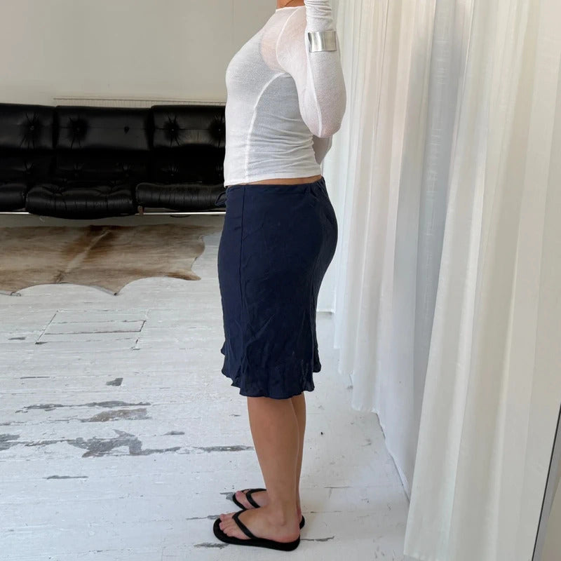 Navy Linen Midi Skirt