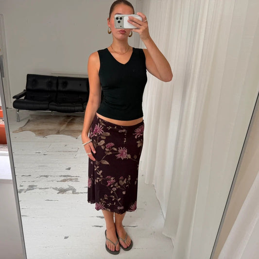 Purple Floral Mesh Midi Skirt