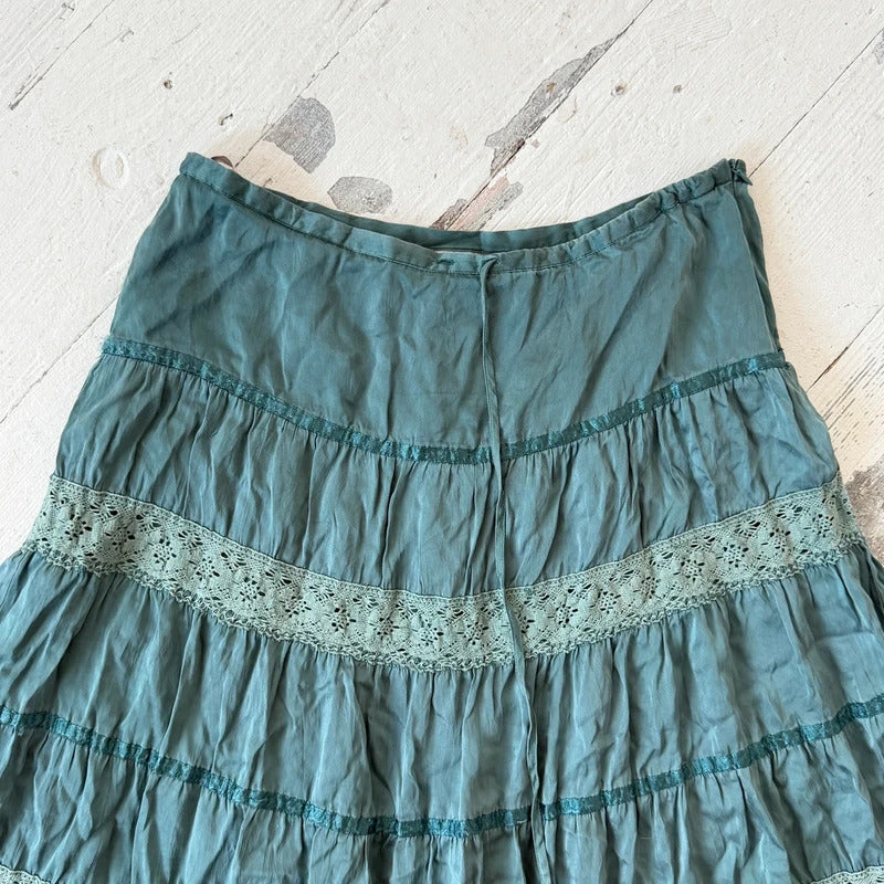 Blue Silk Lace Tiered Midi Skirt