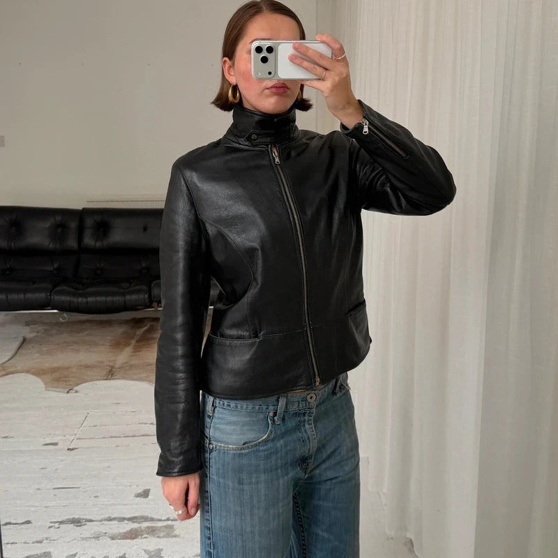 Italian Vintage Black Leather Biker Jacket