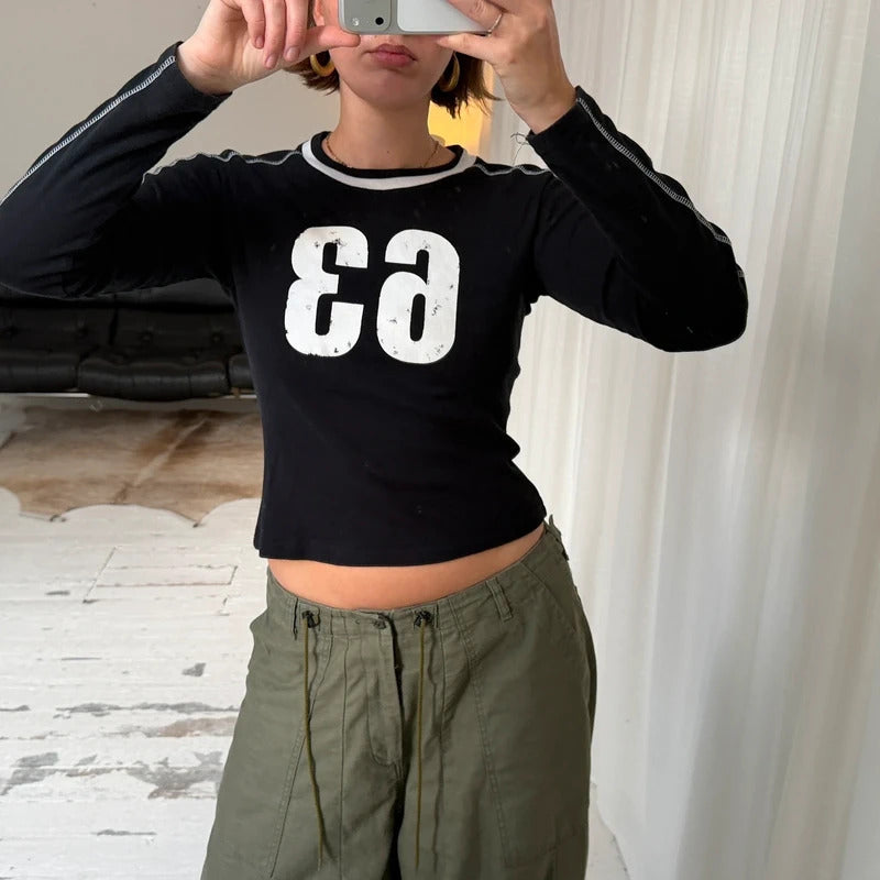 2000s Number Motif Long Sleeve Baby Tee