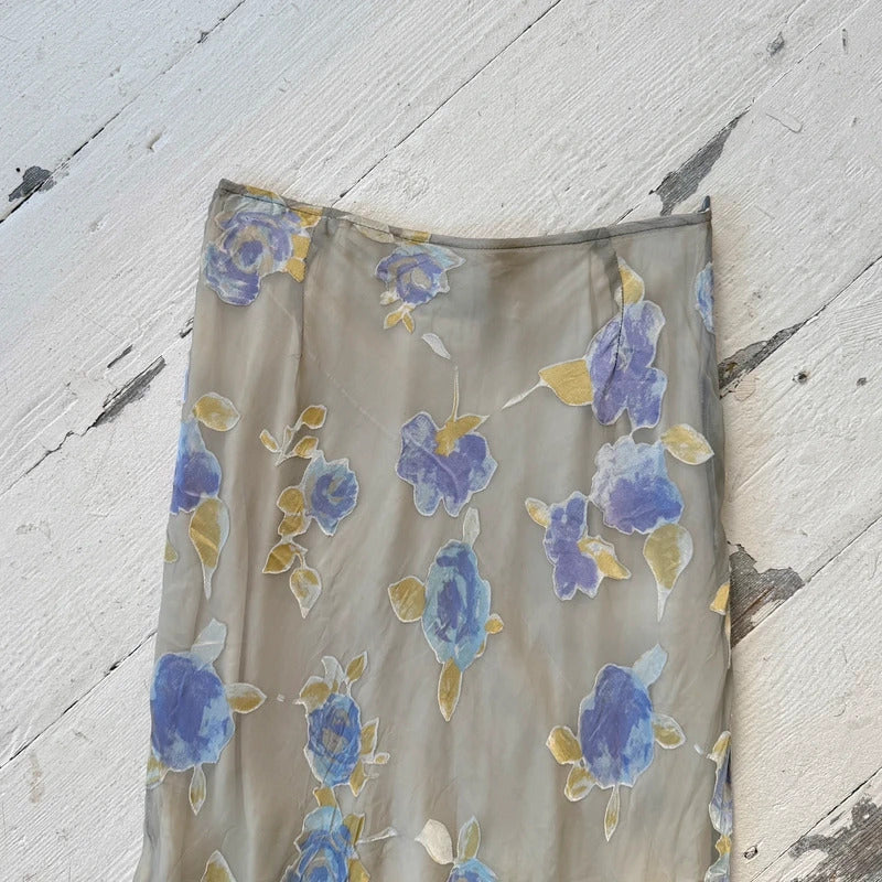 Italian Vintage Silk Devoré Floral Midi Skirt