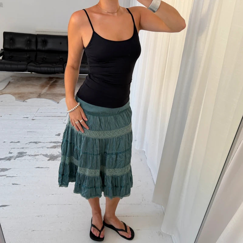 Blue Silk Lace Tiered Midi Skirt