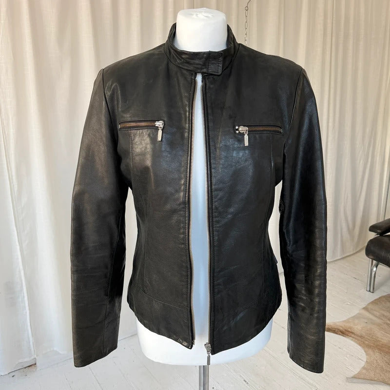Italian Vintage Black Leather Biker Jacket