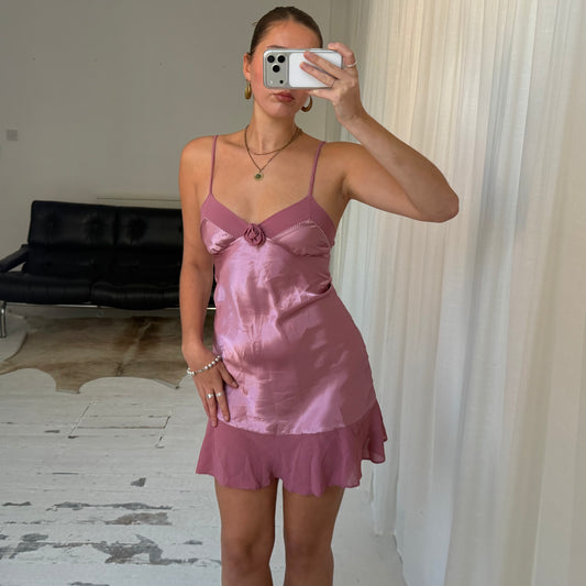 Pink Satin Rosette Mini Slip Dress