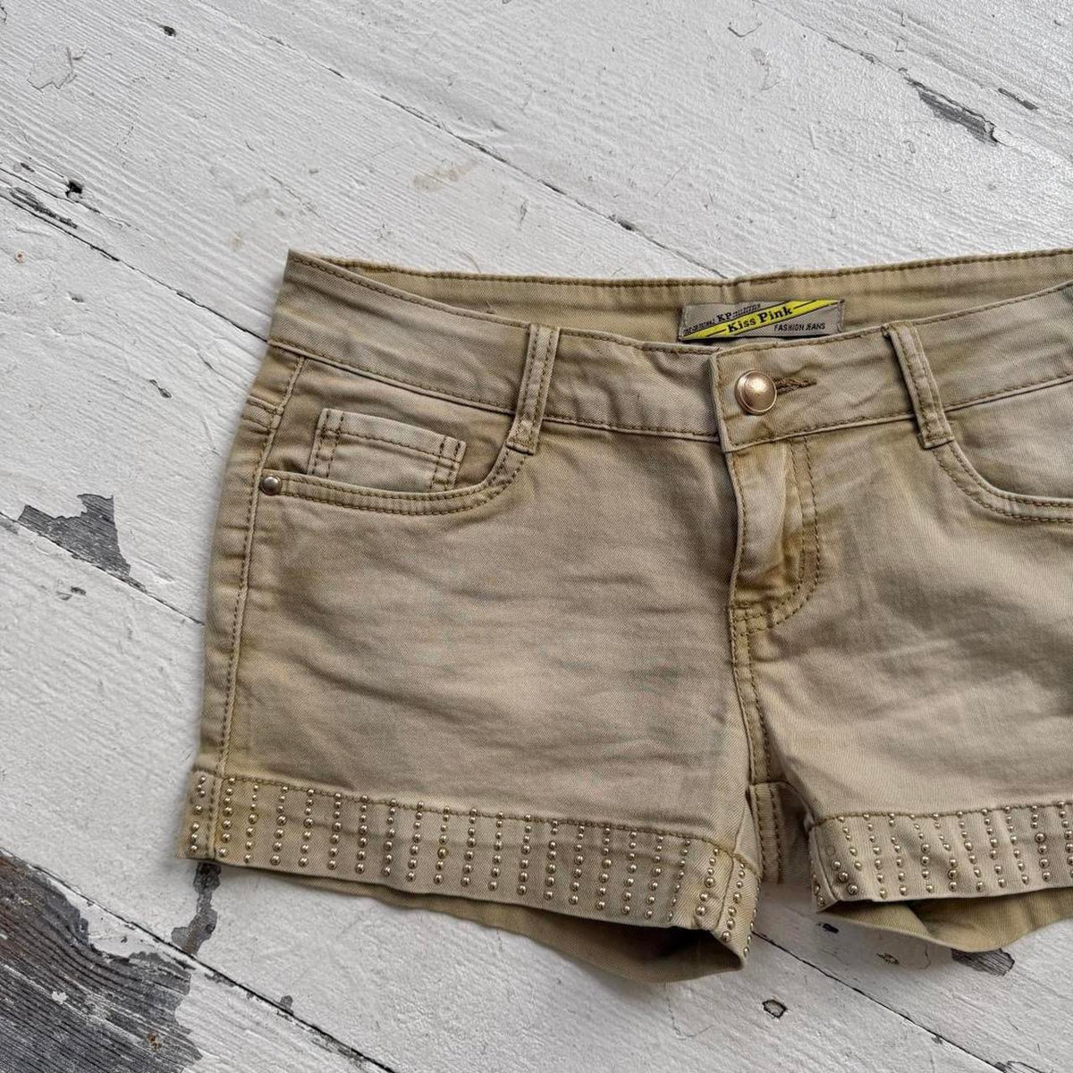 Khaki Studded Denim Shorts