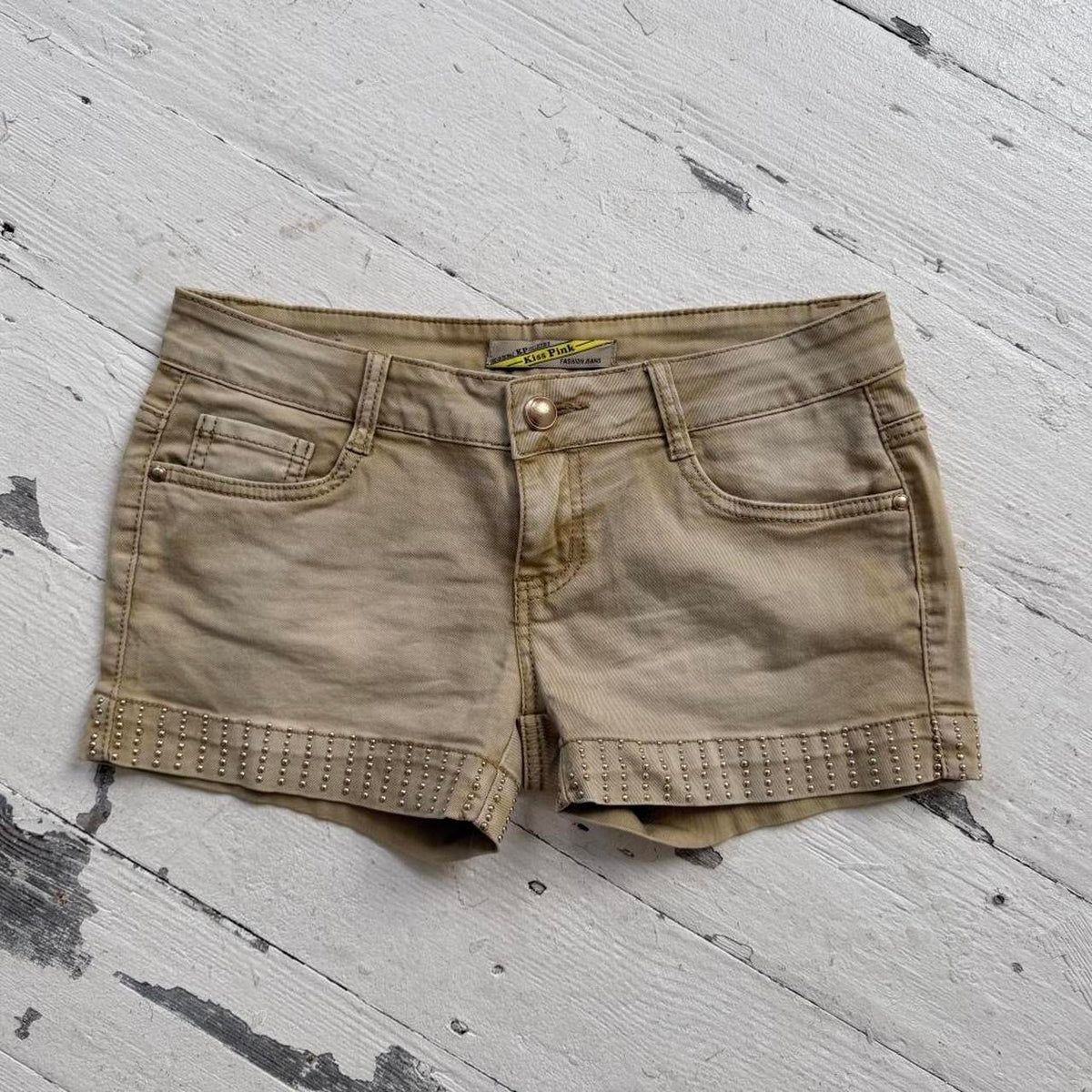 Khaki Studded Denim Shorts