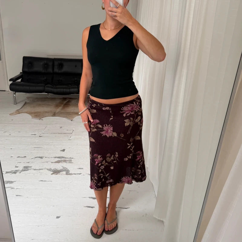 Purple Floral Mesh Midi Skirt