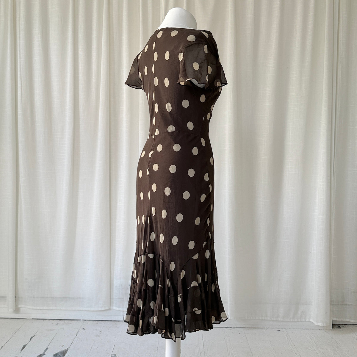 Brown Polka Dot Silk Midi Dress