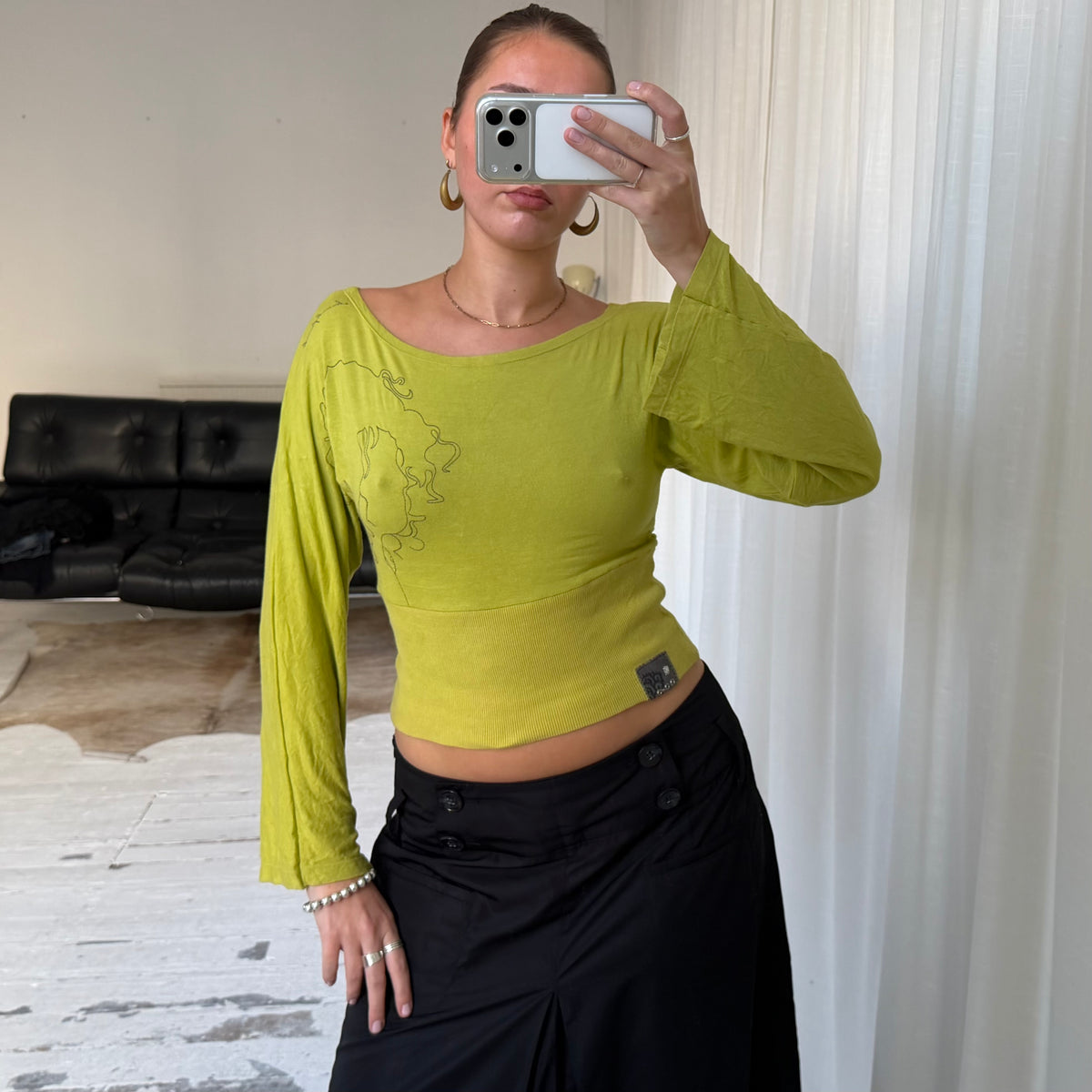 Chartreuse Graphic Print Wide Sleeve Top