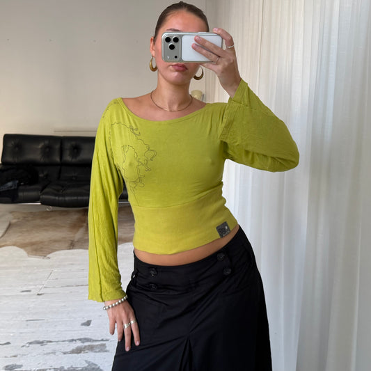 Chartreuse Graphic Print Wide Sleeve Top
