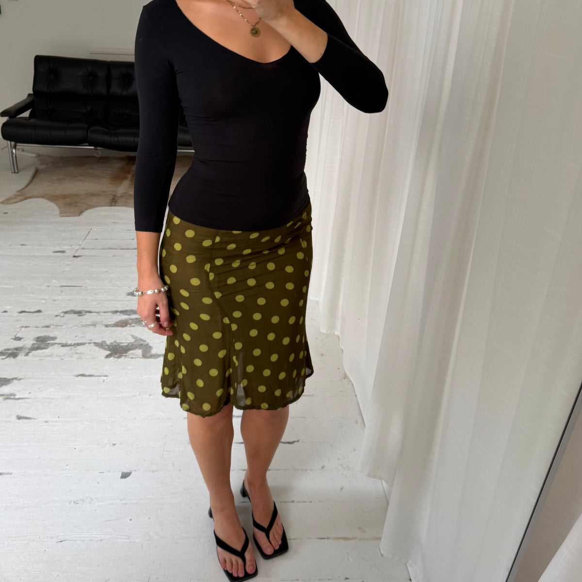 KOOKAÏ Green Polka Dot Mesh Midi Skirt