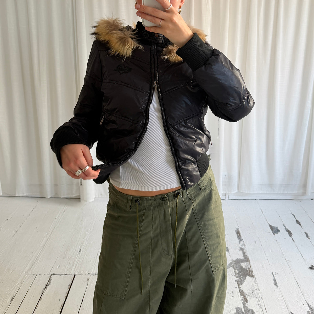 00s Down Feather Fur Hood Puffer Bomber Jacket