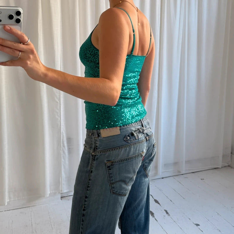 2000s Turquoise Sequin Cami Vest Top
