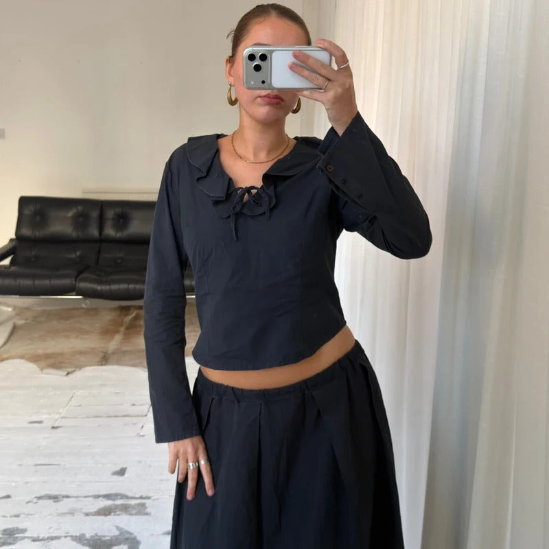 Charcoal Grey Ruffle Collar Tie Front Blouse