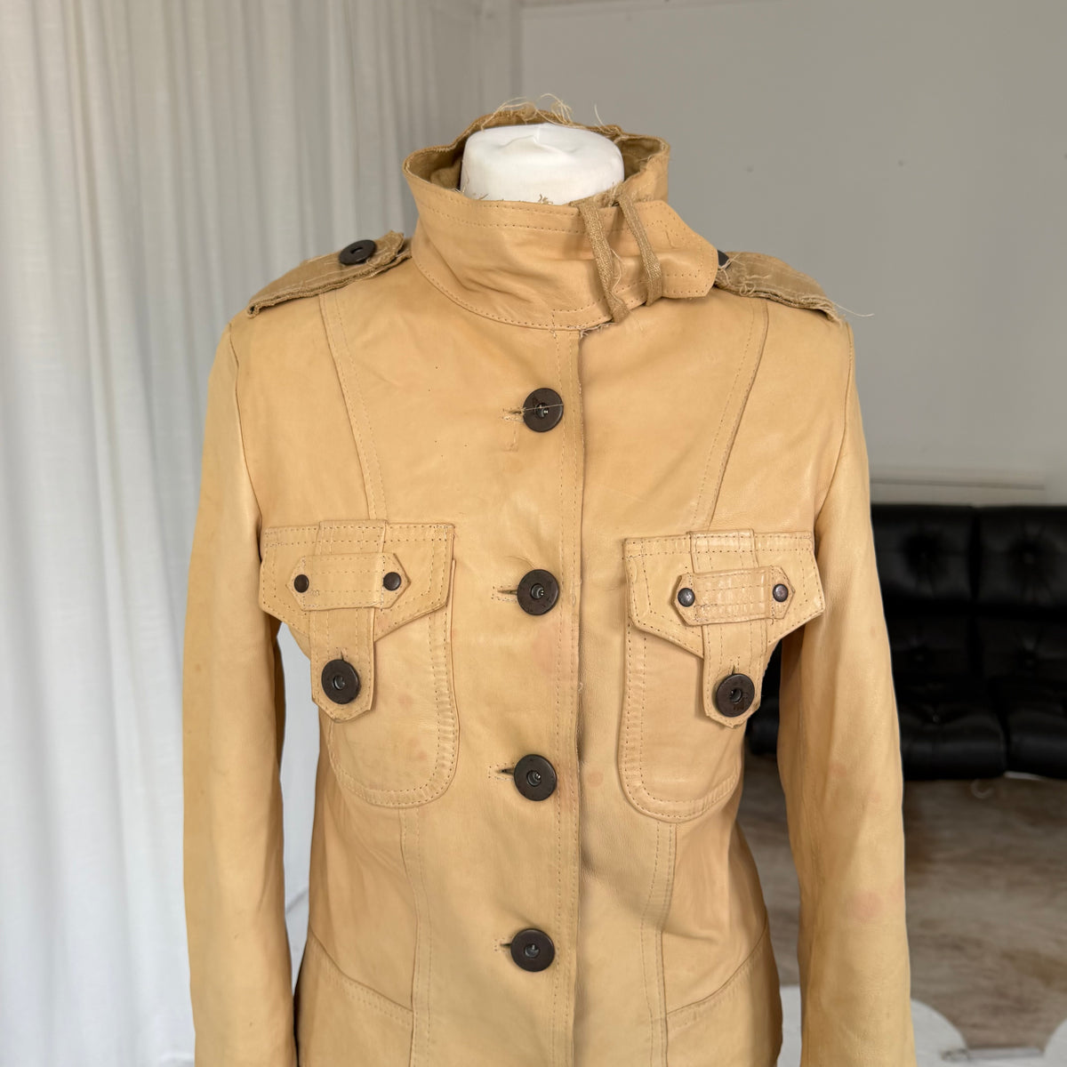 Beige Leather & Linen Jacket