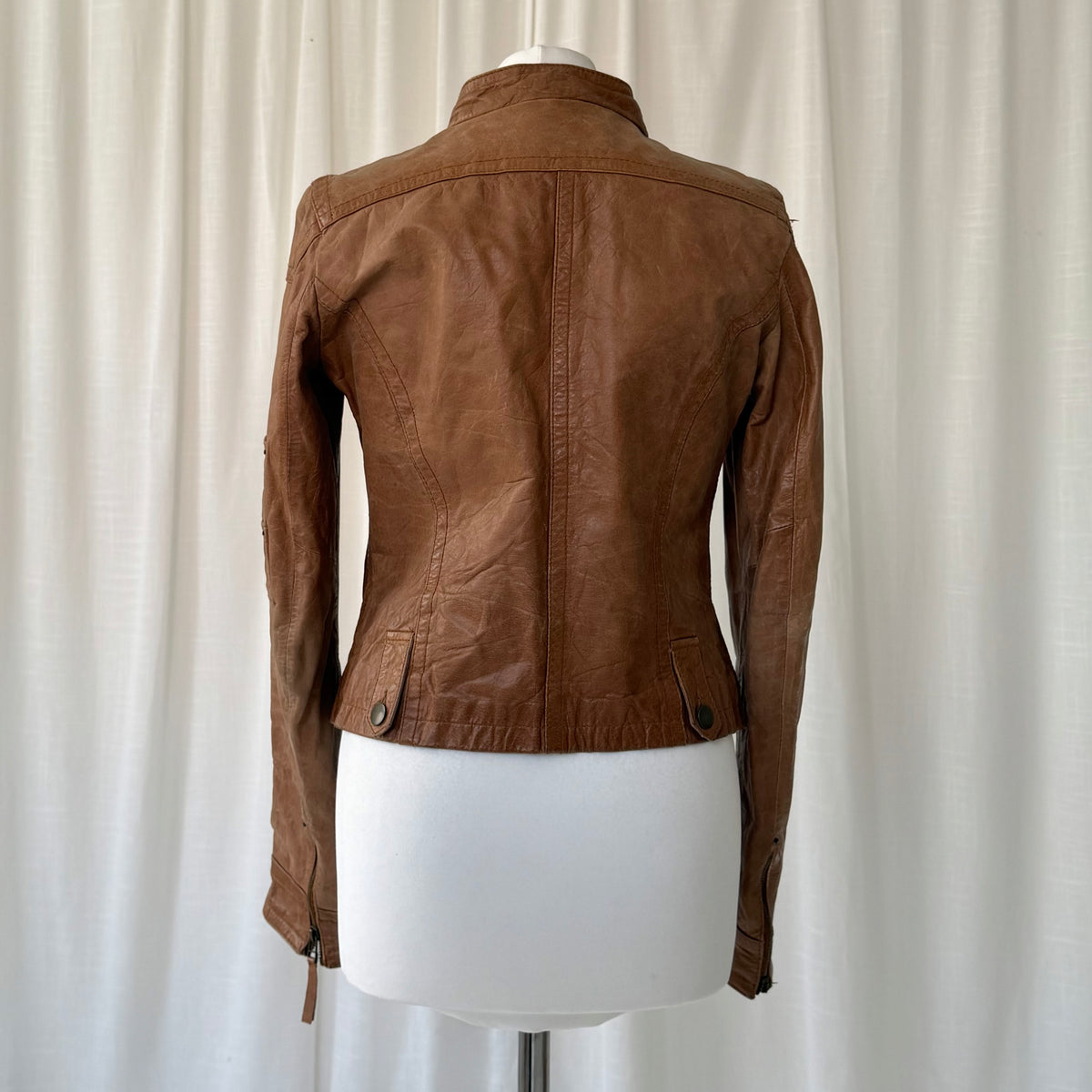 Tan Brown Leather Utility Biker Jacket