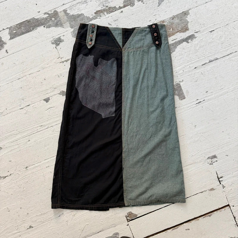 00s Graphic Patchwork Denim Maxi Skirt