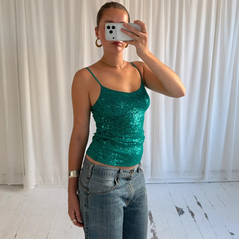 2000s Turquoise Sequin Cami Vest Top