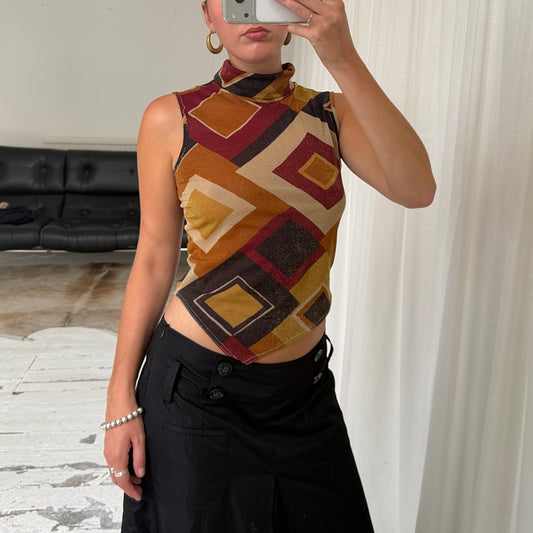 Italian Vintage Geometric Mesh High Neck Top