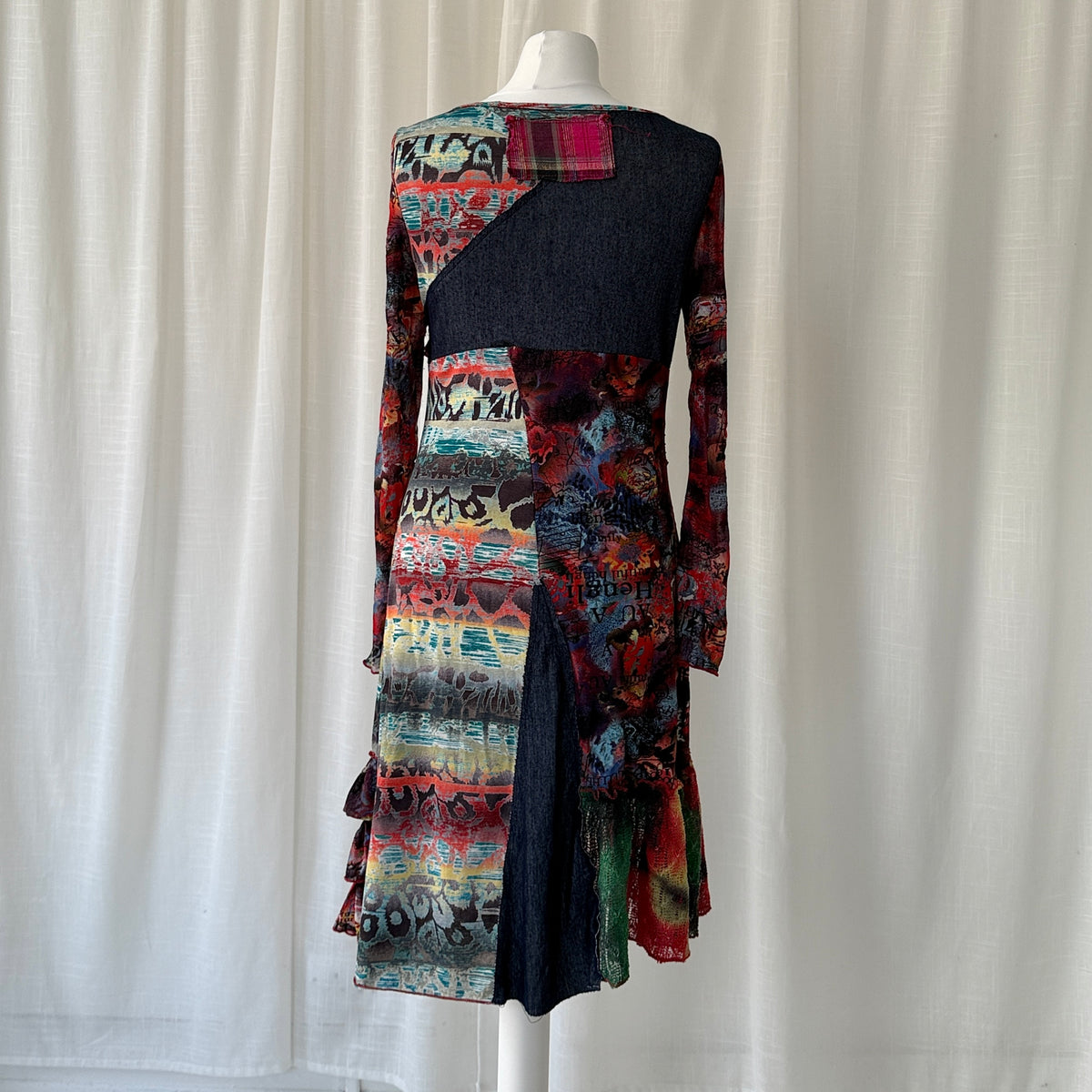 Multicolour Patchwork Mesh Ruffle Midi Dress