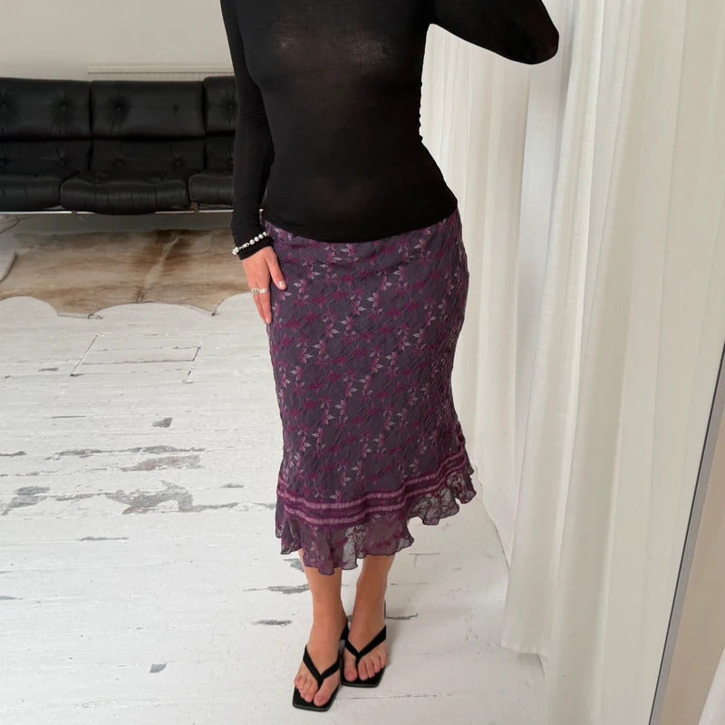 Purple Floral Wool Midi Skirt