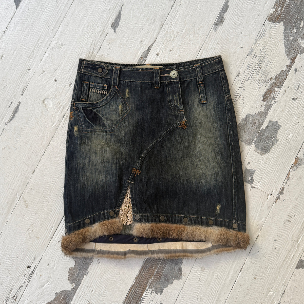 Italian Vintage Denim Fur Trim Midi Skirt