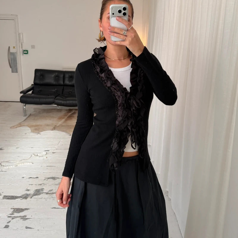 Black Wool Angora Lace Trim Tie Cardigan