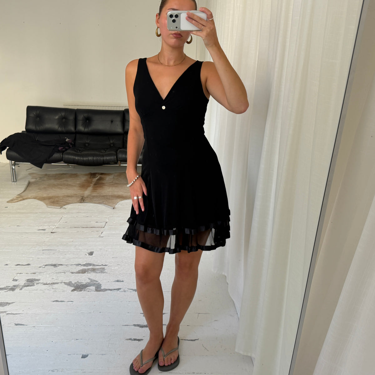 Italian Vintage Black Ruffle Hem Mini Dress