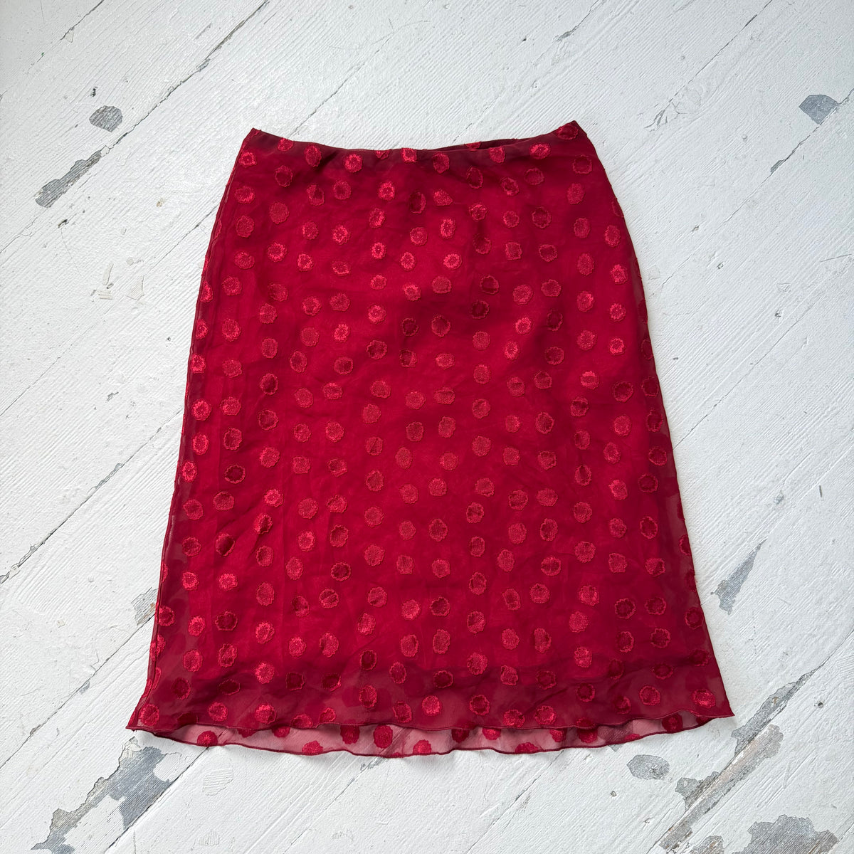 1990s Red Polka Dot Mesh Midi Skirt
