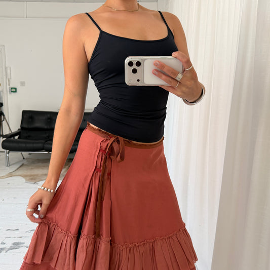 Coral Red Silk Ruffle Midi Skirt