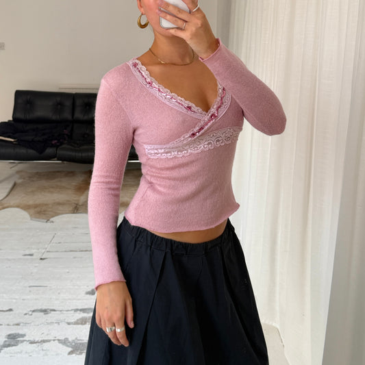 Pink Mohair & Wool Wrap Knit Top