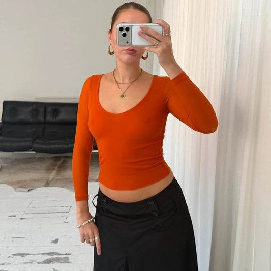 90s Orange Micro Mesh Long Sleeve Top