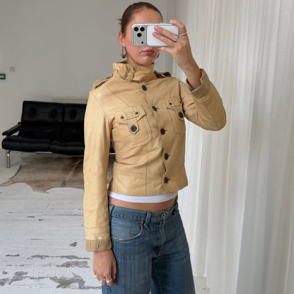 Beige Leather & Linen Jacket