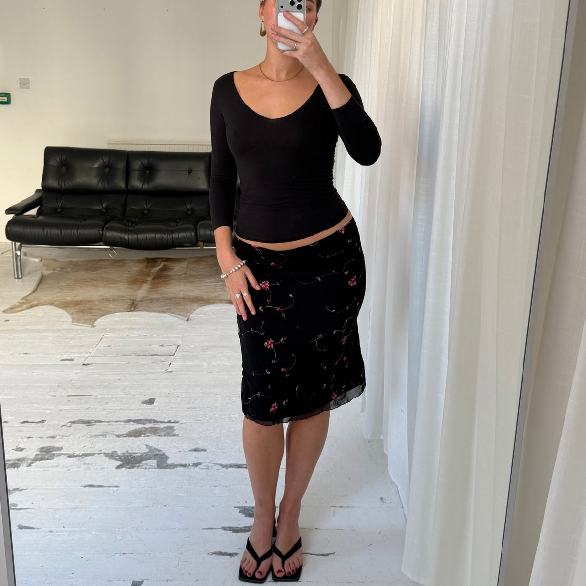 1990s Floral Embroidered Mesh Midi Skirt