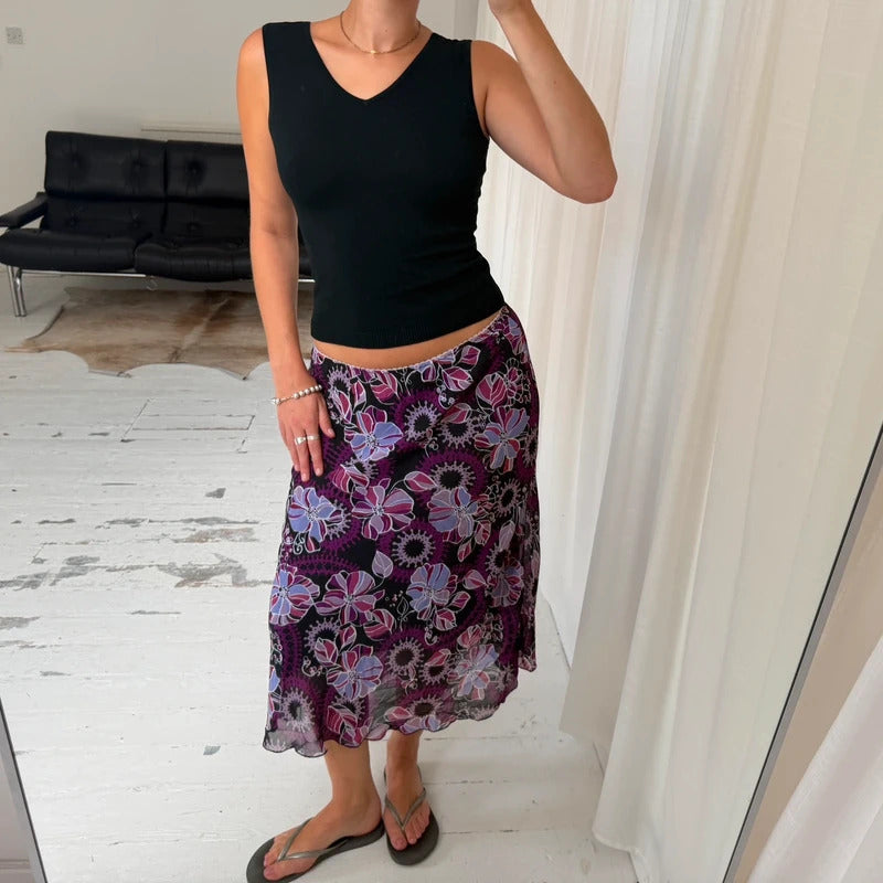 Vintage Y2K Floral Mesh Maxi Skirt