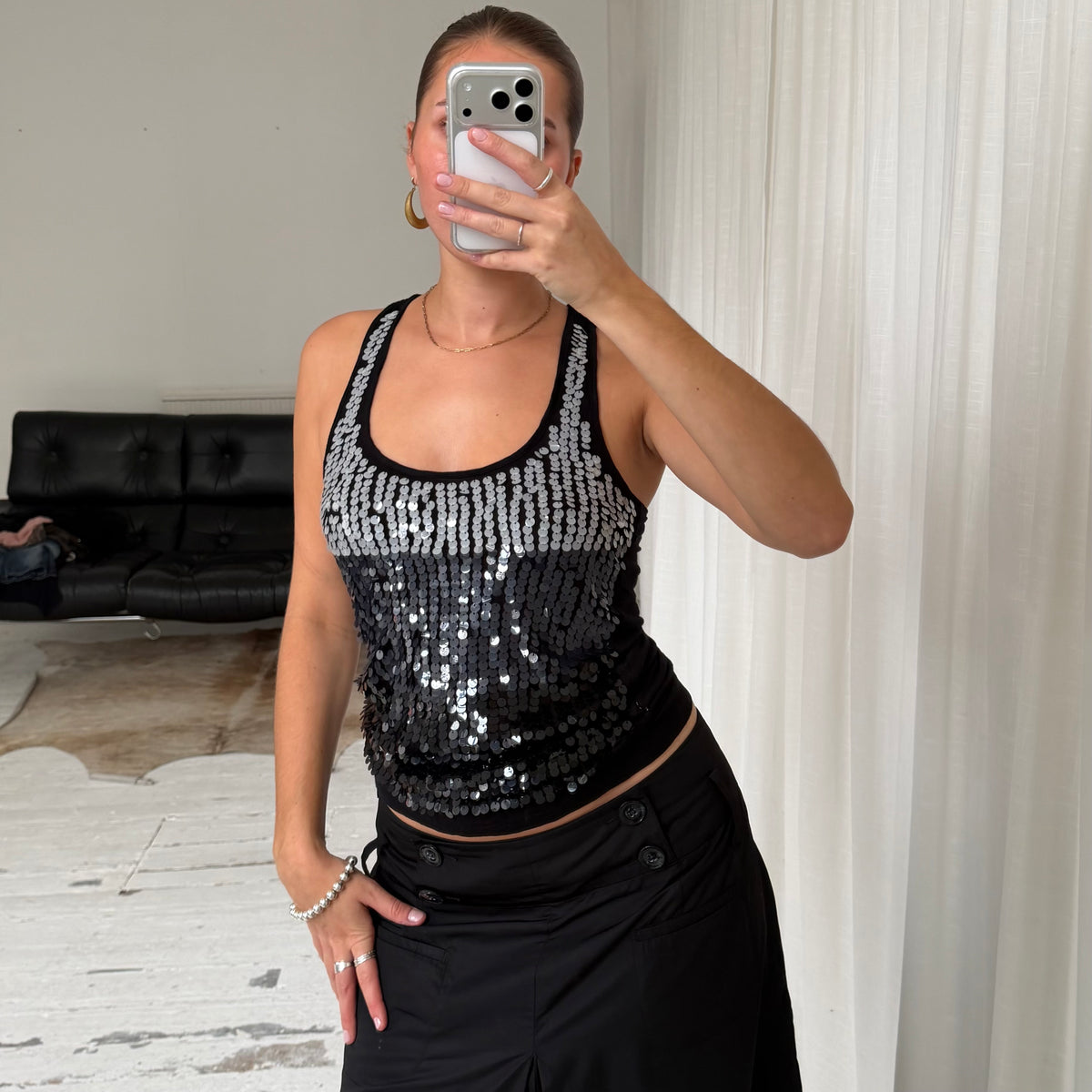 2000s Black & Silver Sequin Racerback Vest Top